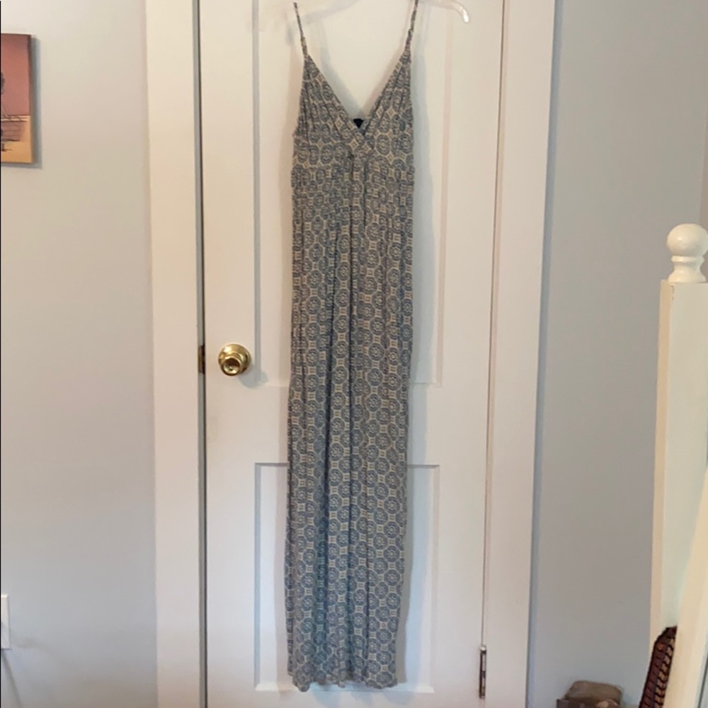 Blue and white patterned maxi dress